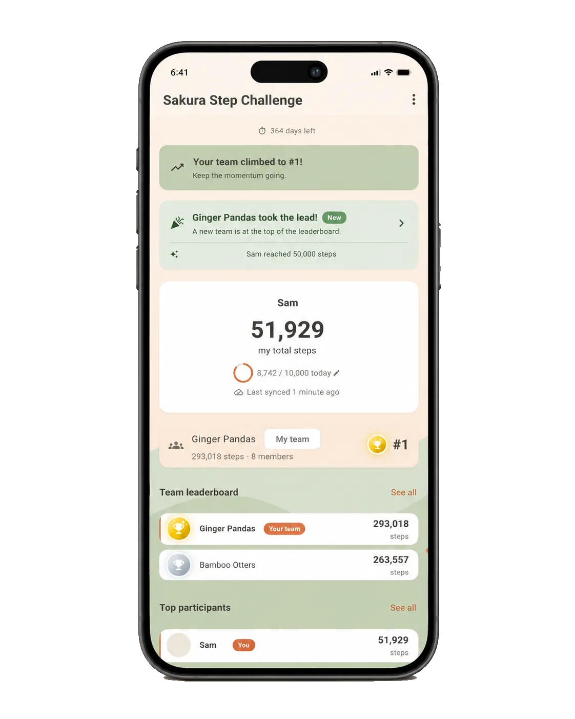 The Wasabi Walk app showing today's steps, the daily goal ring, and the team leaderboard